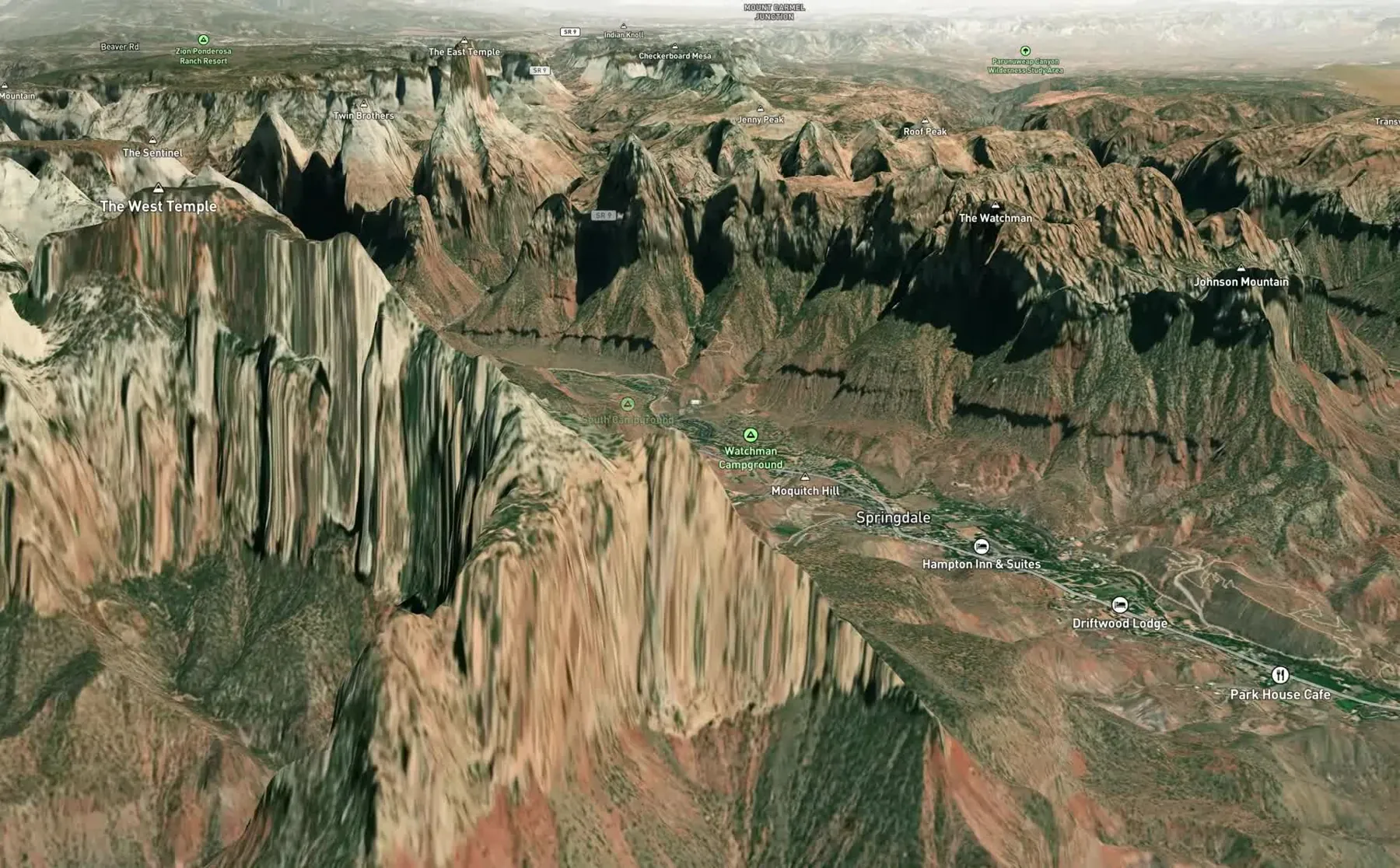 A 3D satellite flyover of Watchman Campground in Zion, with the canyon walls in relief