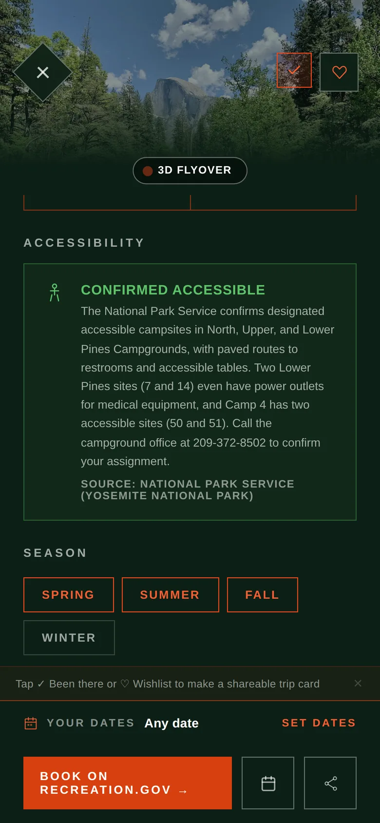 An accessibility card naming specific accessible sites, with its source