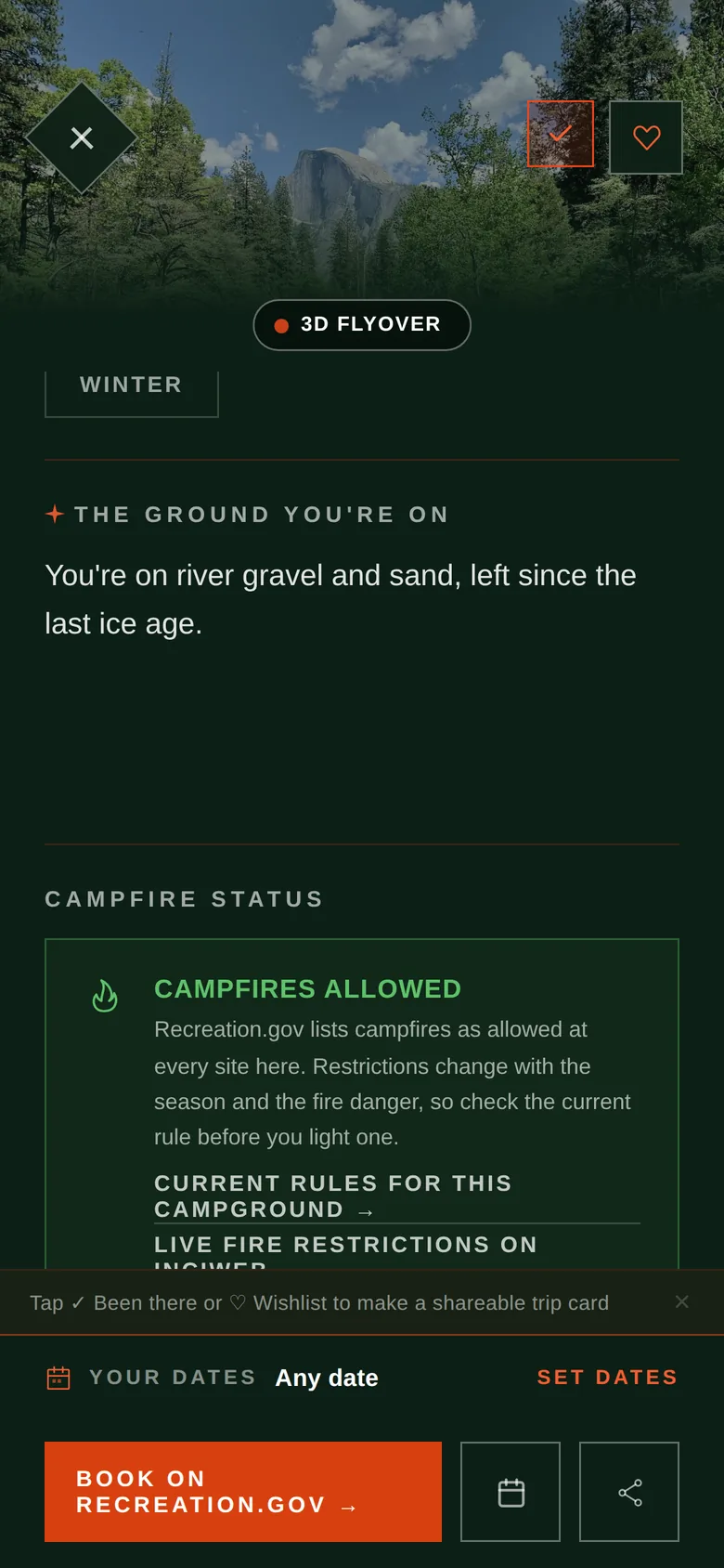 The Ground You're On card for Upper Pines: river gravel and sand, granite about 101 million years old