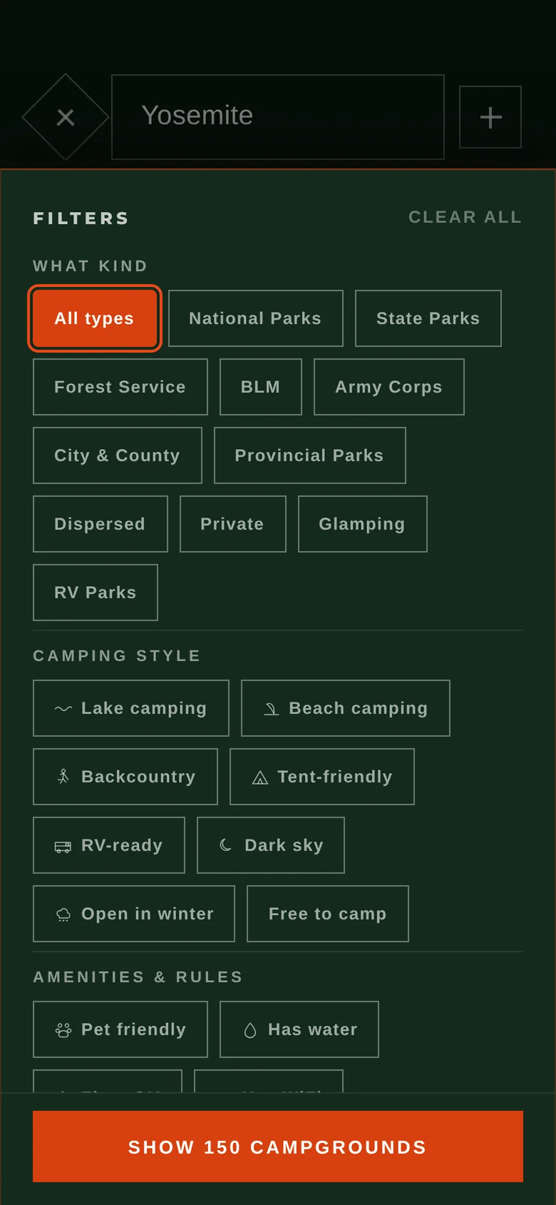 The filter sheet: what kind, camping style, amenities and rules
