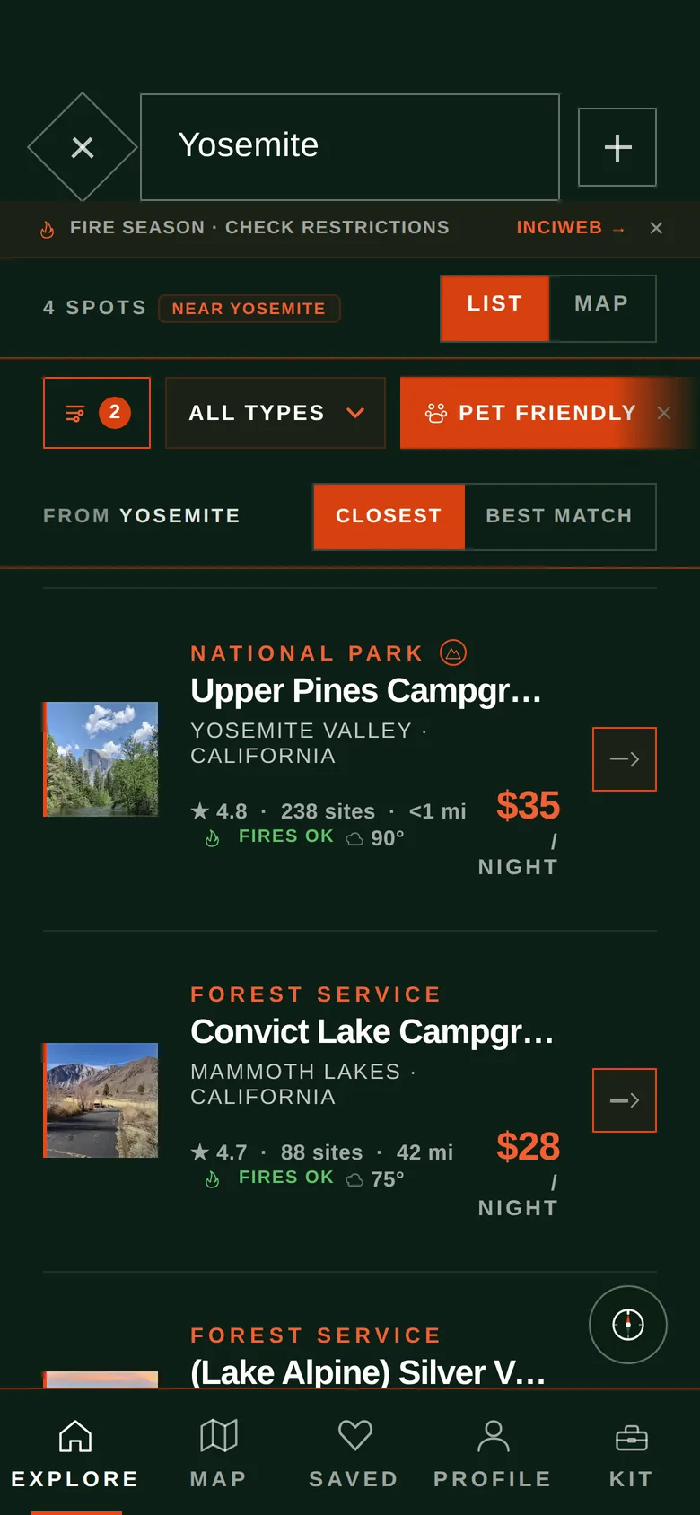 Search results for Yosemite, filtered to pet friendly camps with campfires allowed