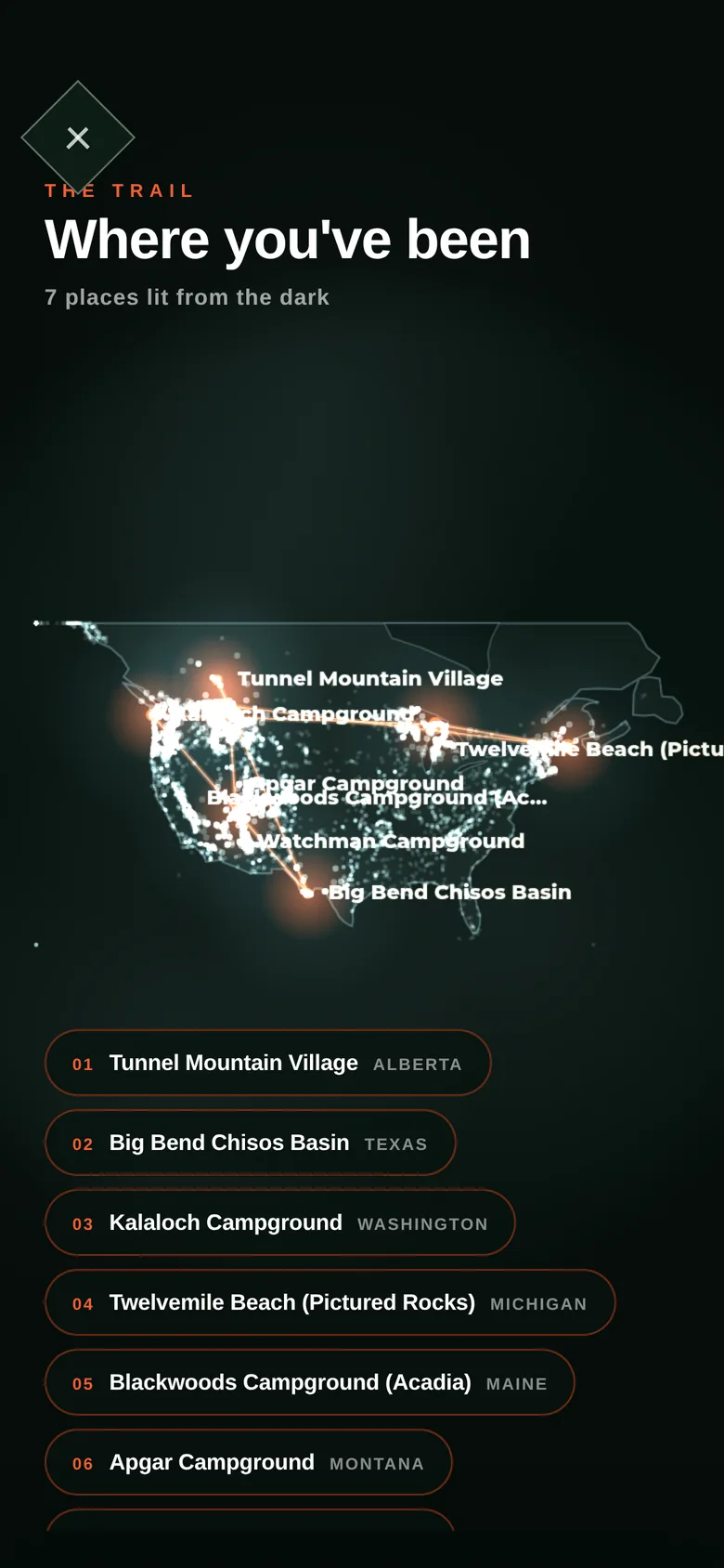 The Trail: a dark map of North America with your stamped camps glowing