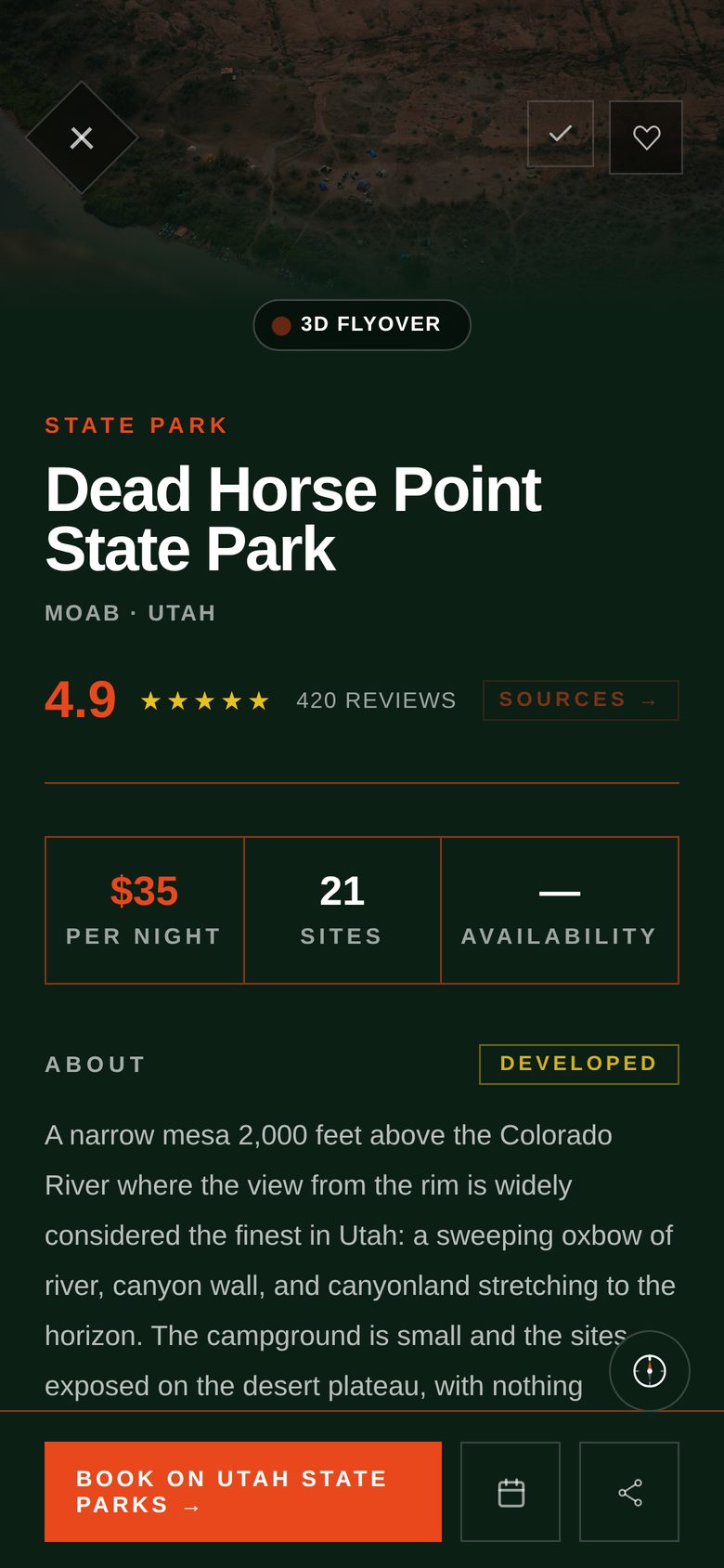 Dead Horse Point State Park detail screen with price, site count, availability and description