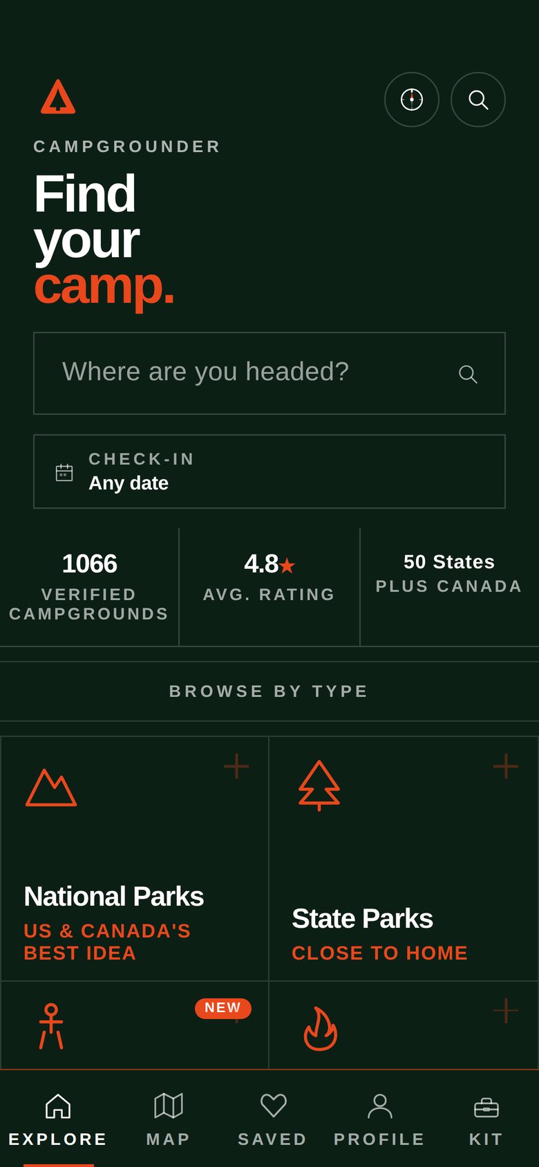 Campgrounder home screen showing 5,542 campgrounds across 50 states plus Canada