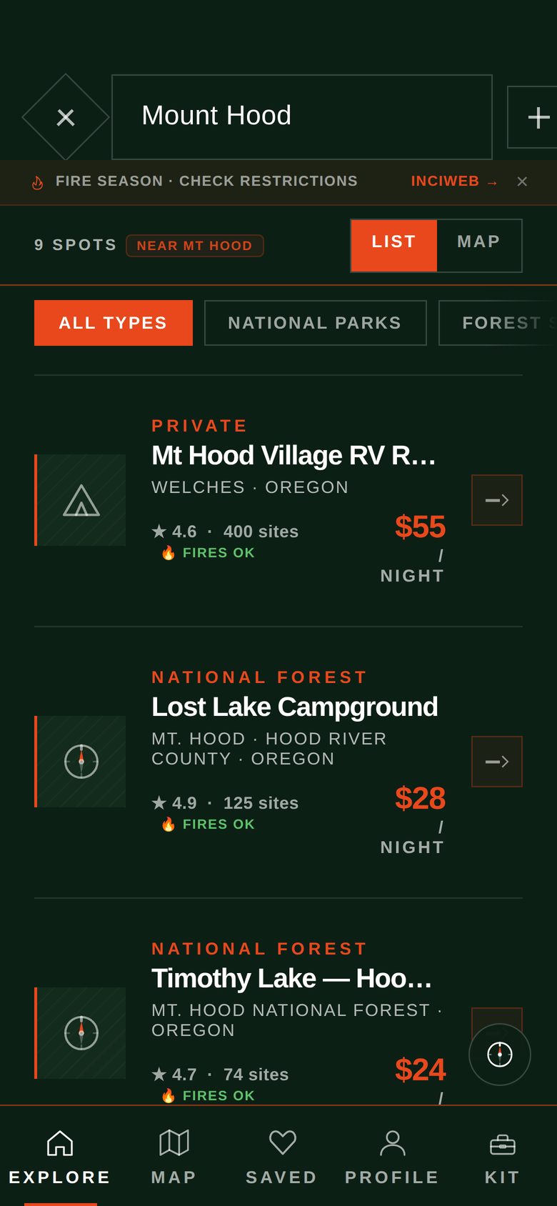 Search results for Mount Hood showing nine campgrounds, all in Oregon