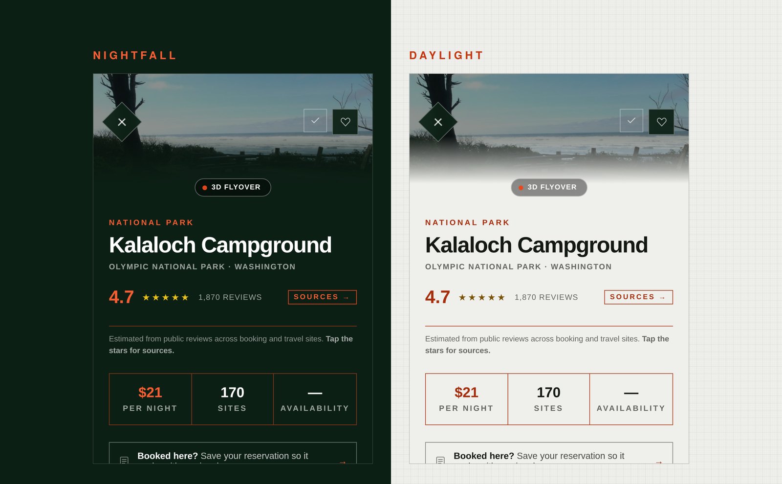 The same campground listing shown twice, once in the dark Nightfall theme and once in the off-white Daylight theme