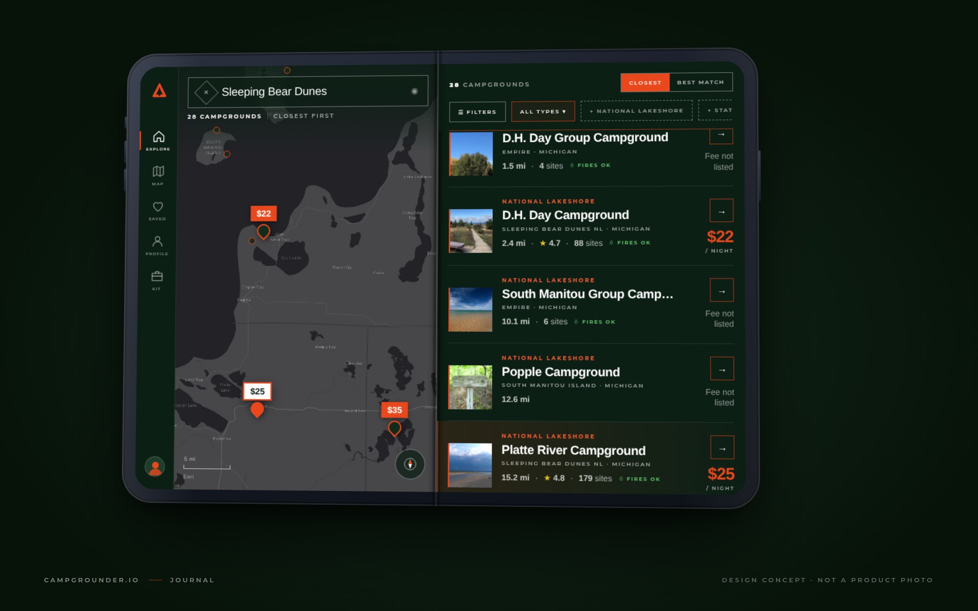A design concept of Campgrounder open on the iPhone Duo: a map of Sleeping Bear Dunes on the left page, the list of nearby campgrounds on the right page