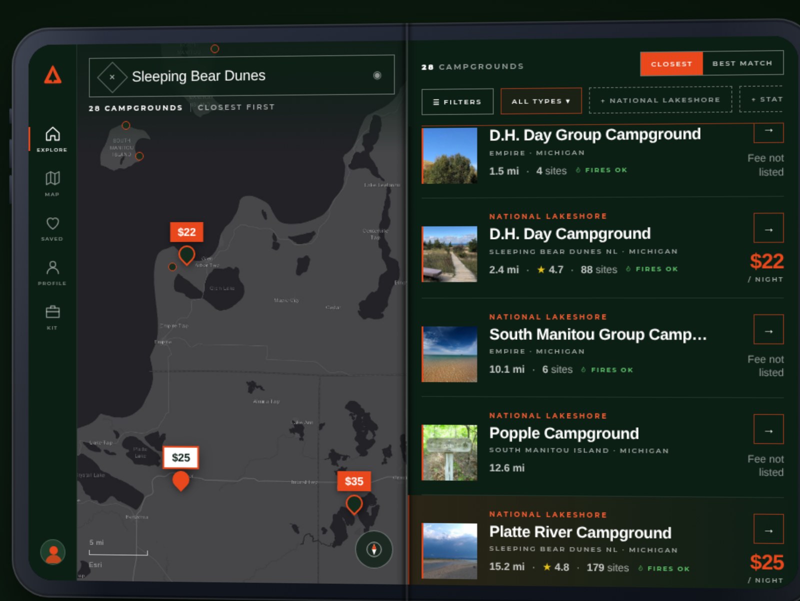 Close-up of the two pages: the map with price pins on the left, the results list with photos, distances and fees on the right, and a highlighted card for Platte River Campground