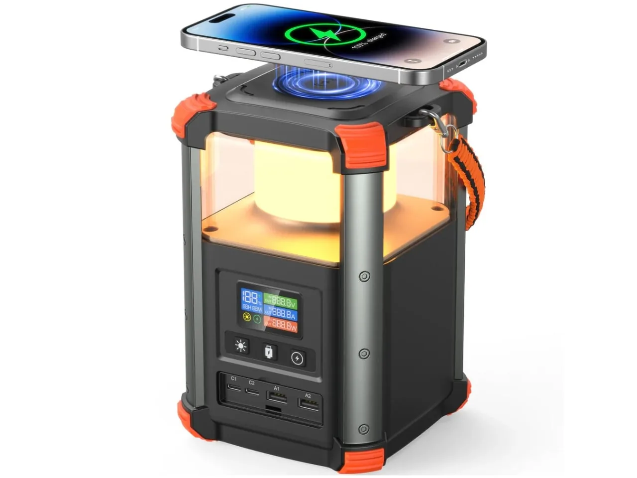 The Blavor PN-W43, a dark power station with orange corners, a glowing lantern panel and a phone charging wirelessly on top
