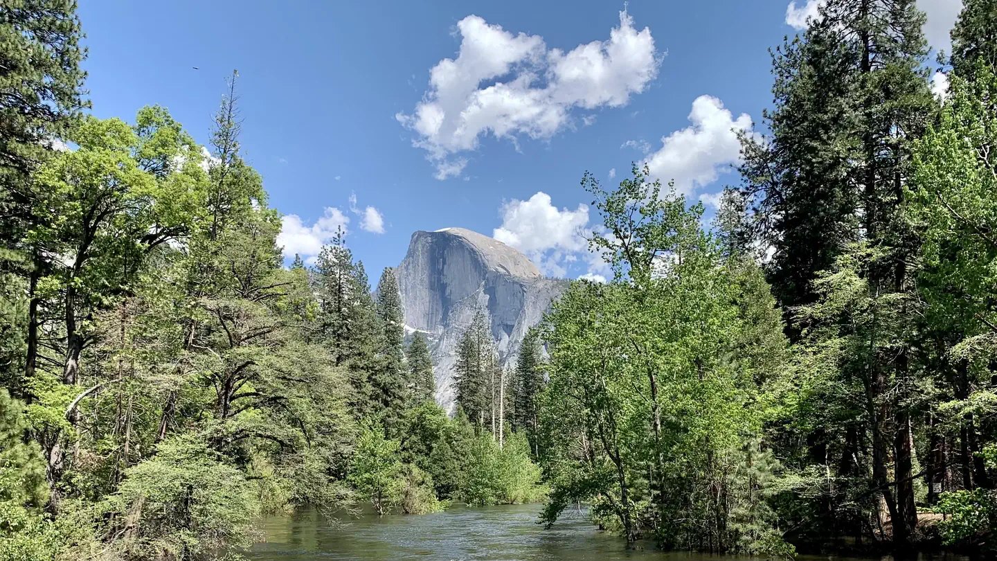 Half Dome in spring, seen from Sentinel Bridge in Yosemite Valley
