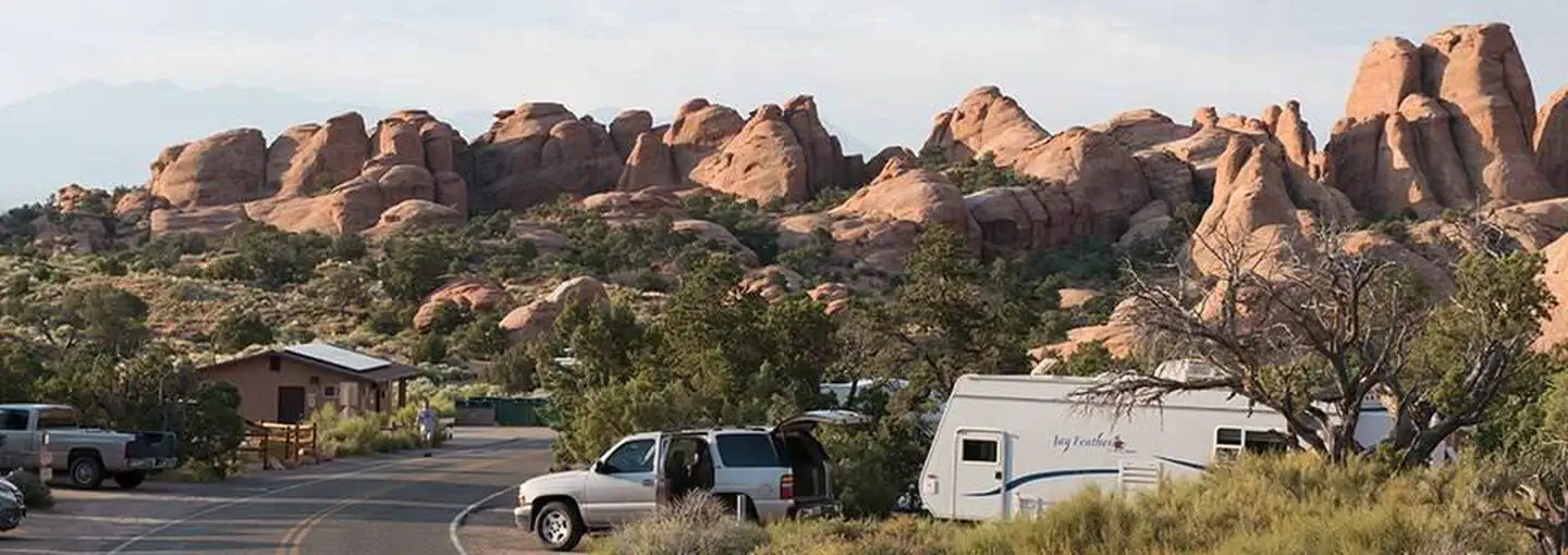 The campground road, tucked among the sandstone fins.