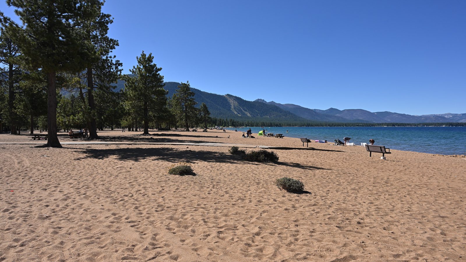 The beach below the campground, with the Sierra across the lake.