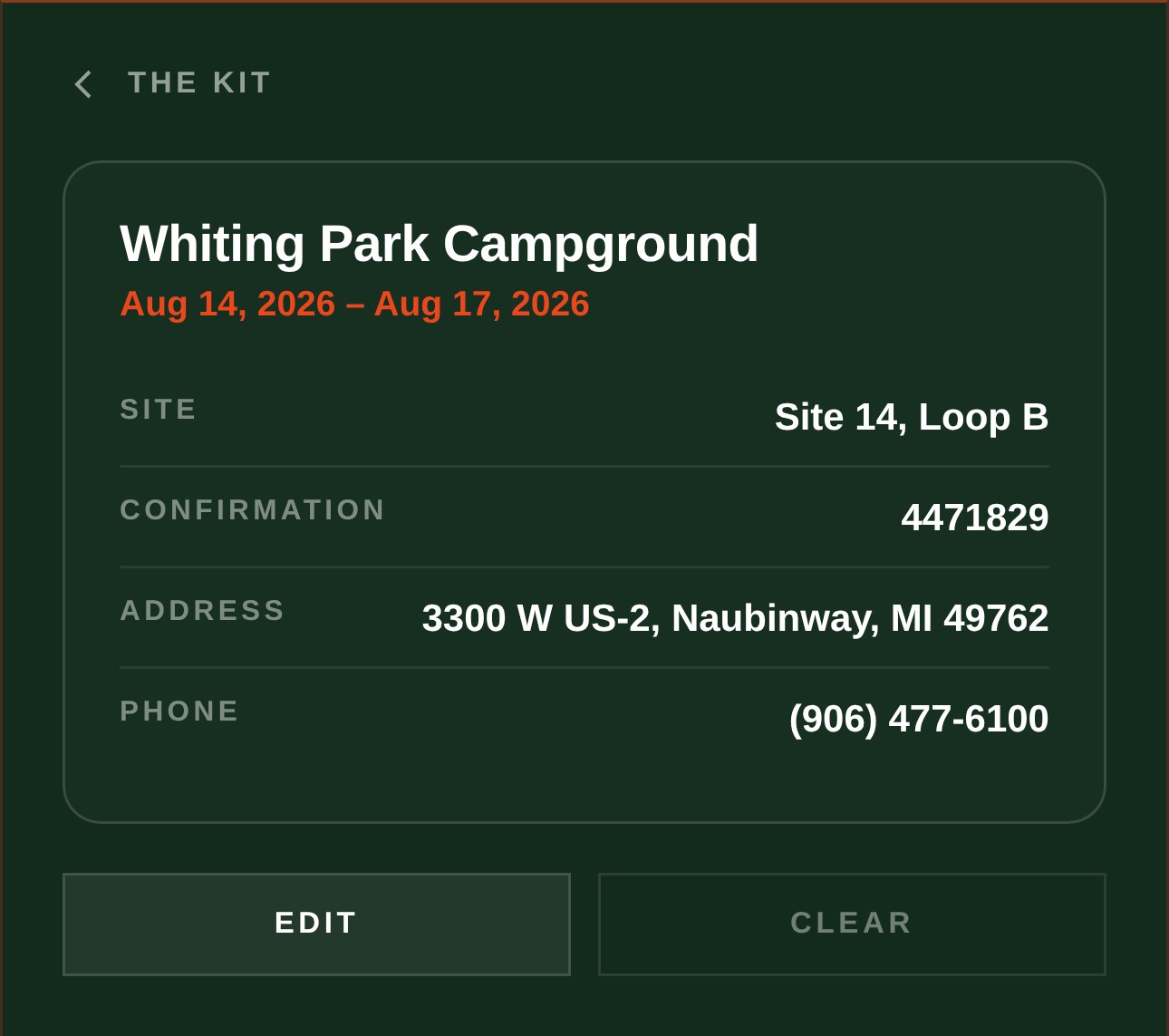 The My Trip card in Campgrounder's Kit, showing a saved campground name, dates, confirmation number, address, and phone number