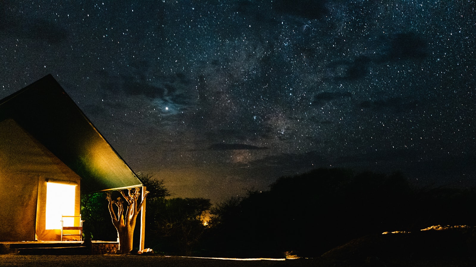 A lit wall tent under a sky full of stars, with the Milky Way overhead and dark trees on the horizon